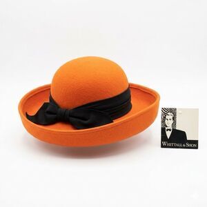 Vtg Whittall & Shon NYC Orange Wool Felt Derby Hat Bow New Old Stock Millinery